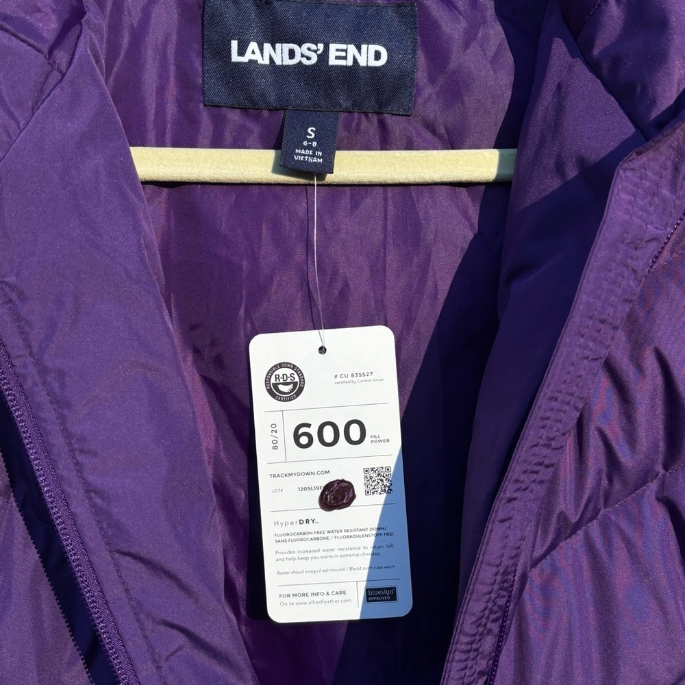 Lands End Down Puffer Coat 600 80/20 Deep Purple Hood Size S 6-8 - Picture 7 of 11